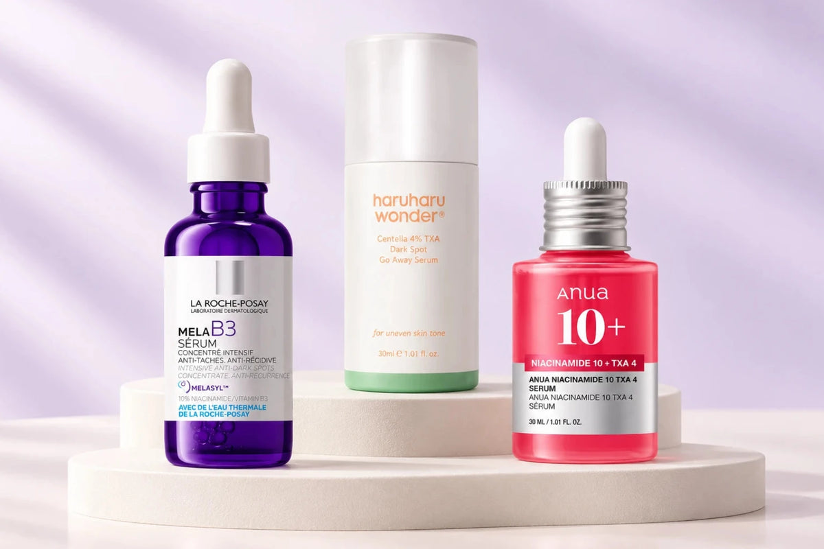 Collection of 3 products: LA ROCHE-POSAY Mela B3 Dark Spot Serum With Melasyl + Niacinimide; ANUA Niacinamide 10% TXA 4% Serum; HARUHARU WONDER Centella 4% TXA Dark Spot Go Away Serum.