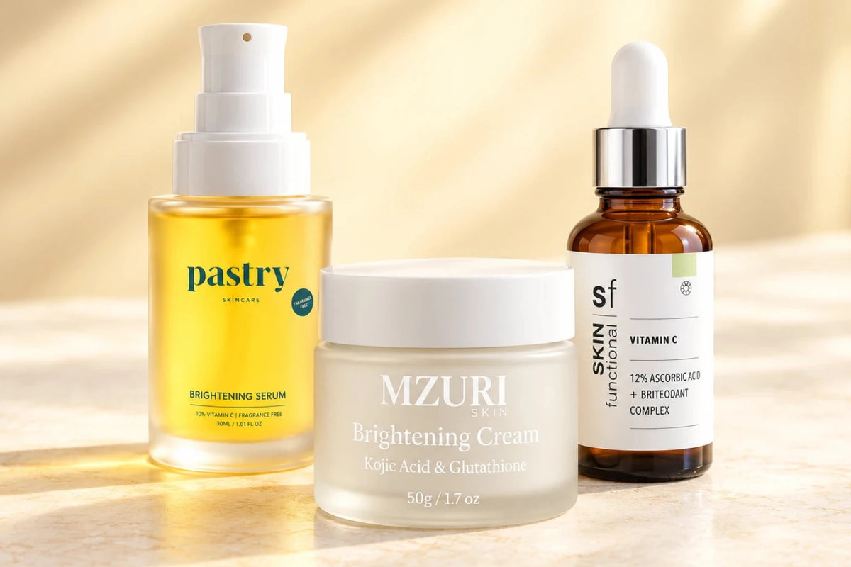 Collection of 3 products: PASTRY SKINCARE Brightening Serum; MZURI SKIN Brightening Cream – Kojic Acid & Glutathione Skin Tone Corrector; SKIN FUNCTIONAL Vitamin C Serum- 12% Ascorbic Acid + Briteodant Complex.