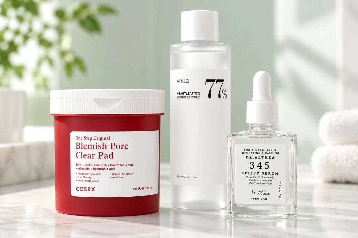 Collection of 3 products: COSRX One Step Original Blemish Pore Clear Pad; ANUA Heartleaf 77% Soothing Toner 250ml; Dr.Althea 345 Relief Serum.