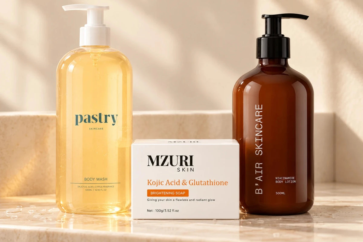 Collection of 3 products: PASTRY SKINCARE Salicylic Acid Body Wash – Exfoliating & Acne Control; B'AIR SKINCARE Niacinamide Body Lotion; MZURI SKIN Brightening Soap Bar - Kojic Acid & Glutathione.