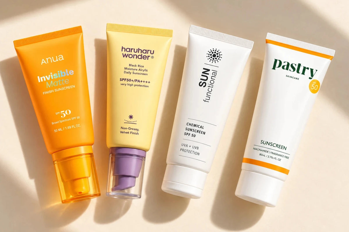 Collection of 4 products: ANUA Invisible Matte Finish Sunscreen; HARUHARU WONDER Black Rice Moisture Airfit Daily Sunscreen SPF50+ PA++++; SKIN FUNCTIONAL Chemical Sunscreen SPF50; PASTRY SKINCARE Niacinamide Sunscreen SPF 50+.