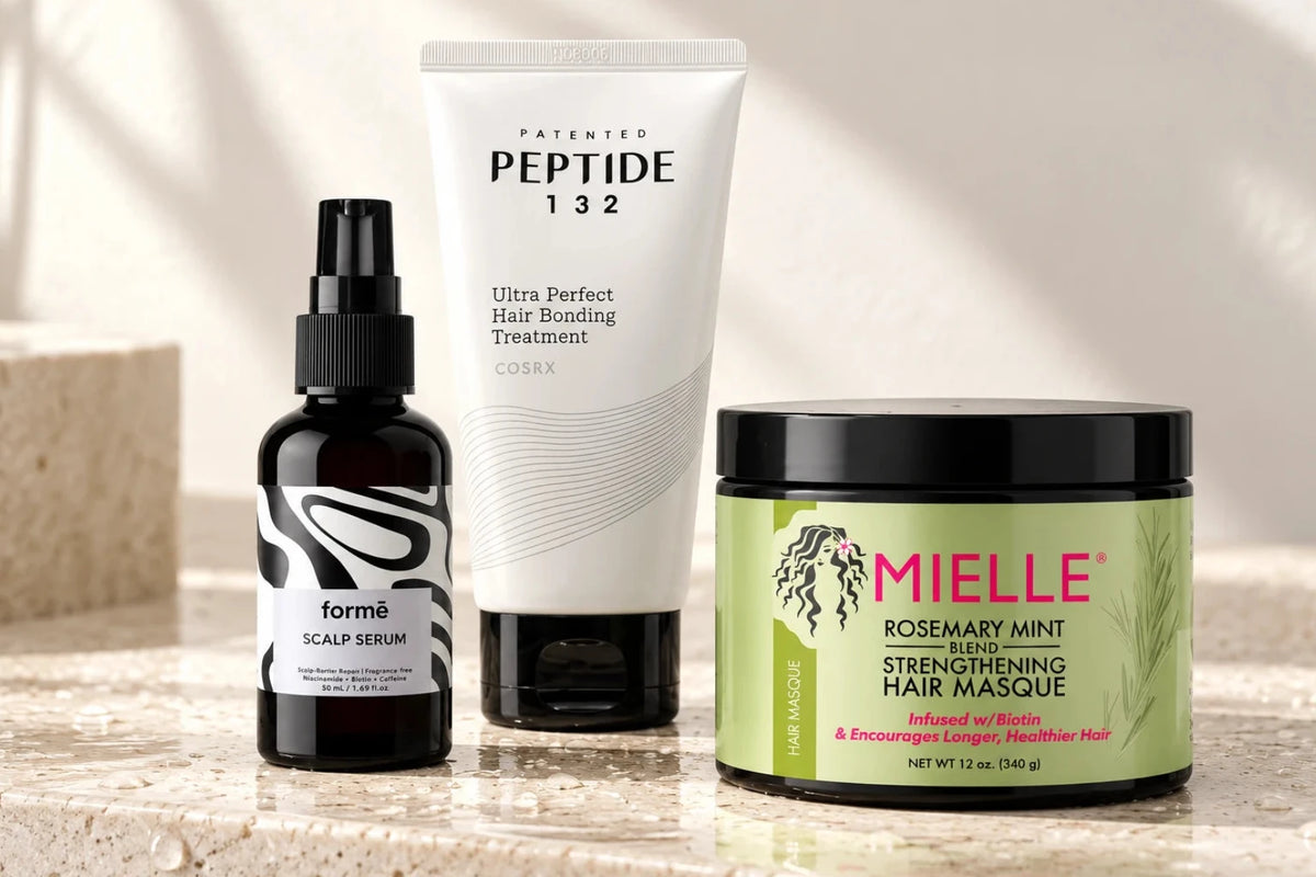 Collection of 3 products: FORME Scalp Barrier Repair Serum - Fragrance Free; COSRX Peptide 132 Ultra Perfect Hair Bonding Treatment; MIELLE Rosemary Mint Hair Masque.