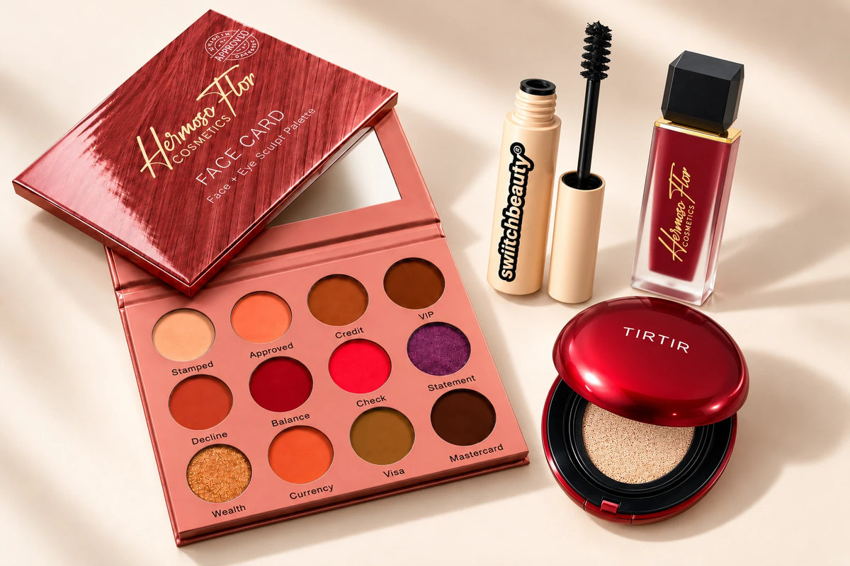 Collection of 4 products: HERMOSA FLOR Face Card Face + Eye Sculpt Palette; SWIITCHBEAUTY #WhipLash - full volume mascara; HERMOSA FLOR Dream Chaser Liquid Matte Lipstick; TIRTIR Mask Fit Red Cushion.