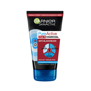 GARNIER Pure Active 3-in-1 Charcoal Anti-Blackhead Wash, Scrub, Mask