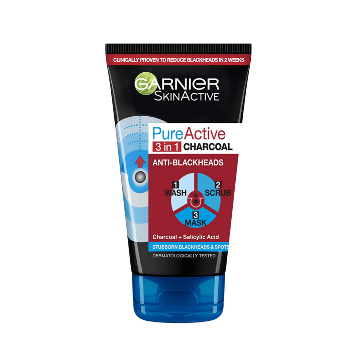 GARNIER Pure Active 3-in-1 Charcoal Anti-Blackhead Wash, Scrub, Mask
